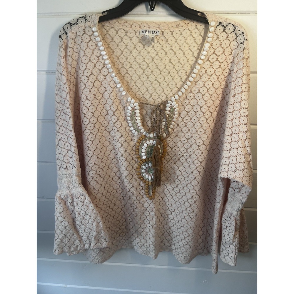 Venus Lace Beaded Top With Tassel Tie Preowned Ivory Preowned Women's XL Beach